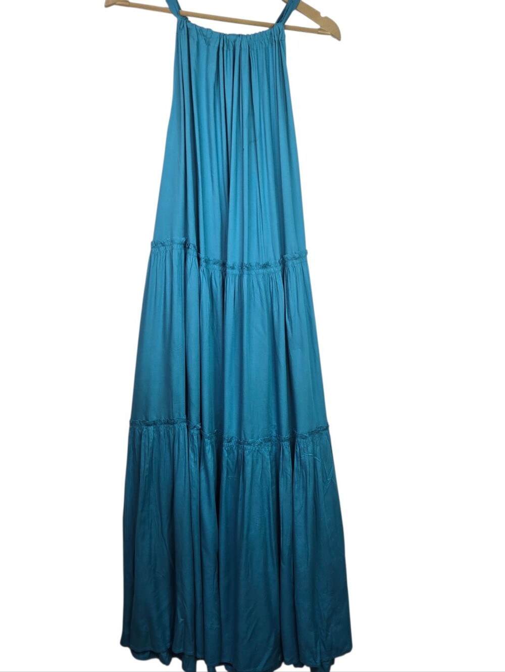 Elan Size L Blue Halter Style Full, FlowyTiered Maxi Dress, Side Pockets NWT